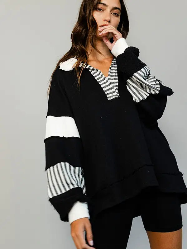 French Terry Knit Color Block Sweater